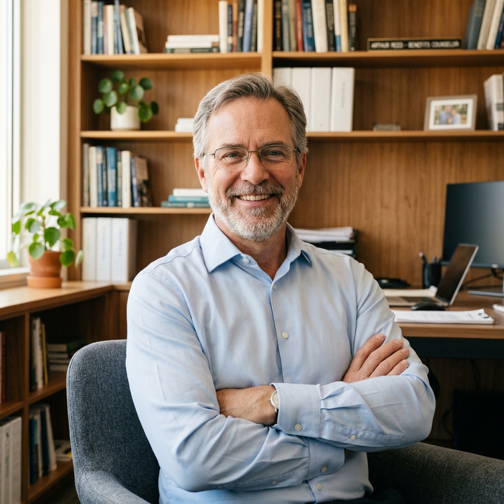 A friendly, professional benefits counselor smiling with arms crossed in an office setting